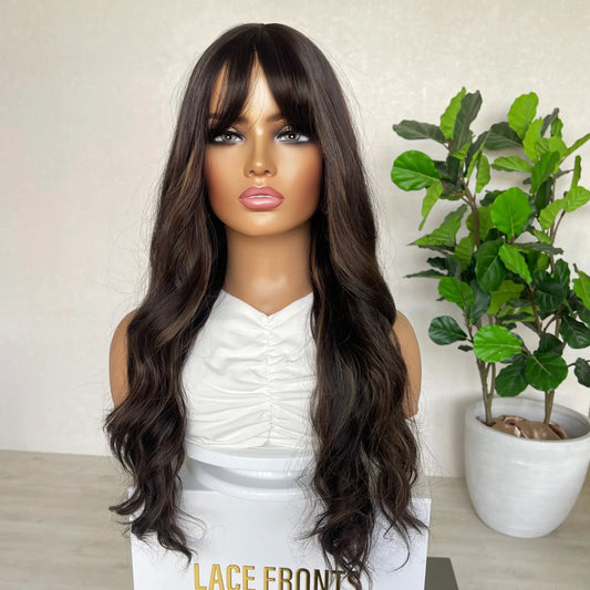 Wavy Dark Brunette with Wispy Fringe Synthetic Wig - Mirabella