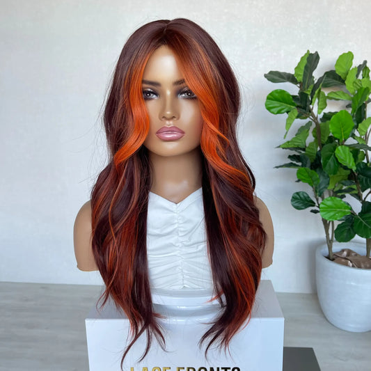 Fire Red with Orange Face Framing Synthetic Wig - Ember