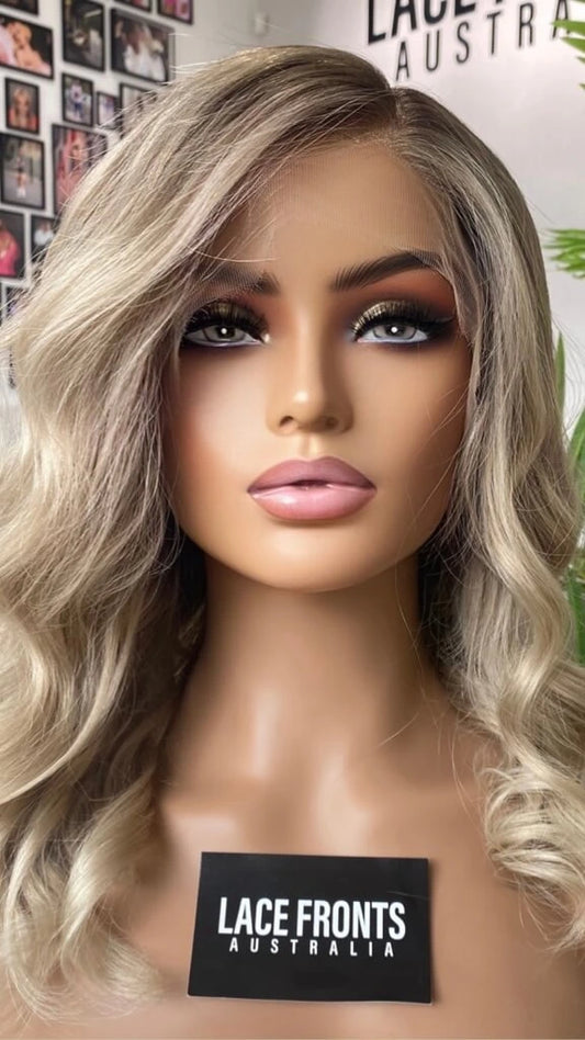 Clean Ash Blonde Ombre With Shadow Root–20" Human Hair Lace Front Wig- Colour: Chloe