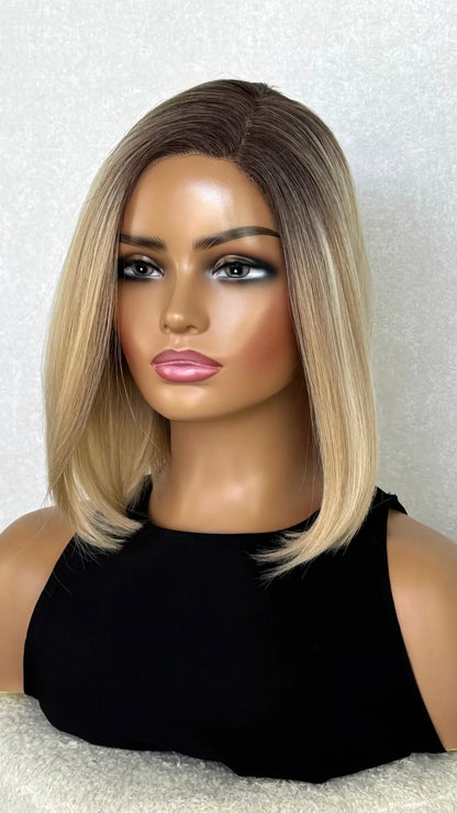 Creamy Blonde With Dark Root Lacefront Synthetic Wig – Martha