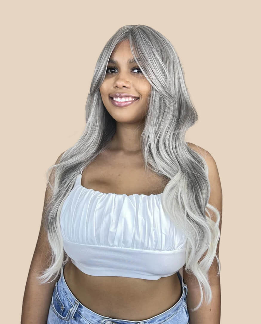 Grey Silver Luxe Synthetic Wig with Curtain Fringe - Mandy