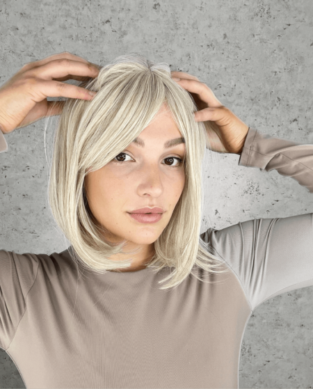White Beige Blonde Luxe Synthetic Bob Wig with Curtain Fringe - Full of Secrets
