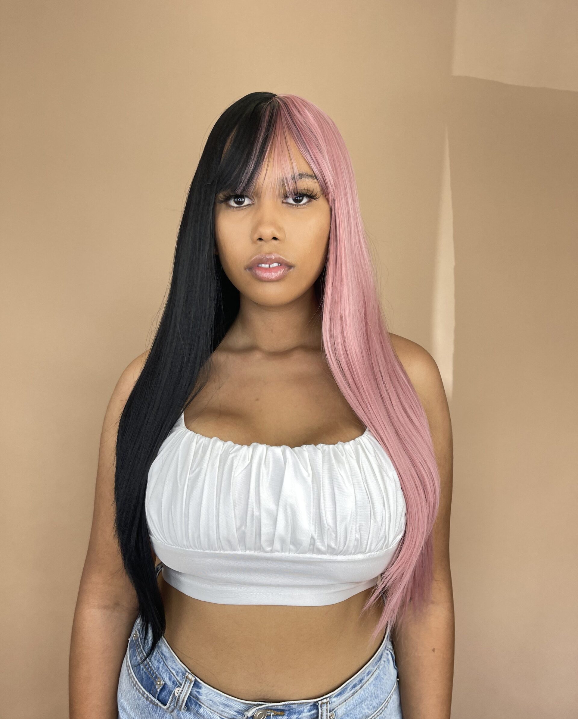 SPLIT DYE LUXE SYNTHETIC WIG WITH CURTAIN FRINGE