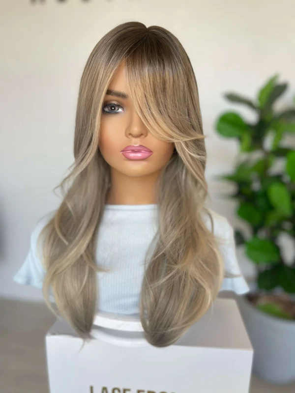 Ash blonde with root and Curtain Bangs Luxe Synthetic Wig - Natalia