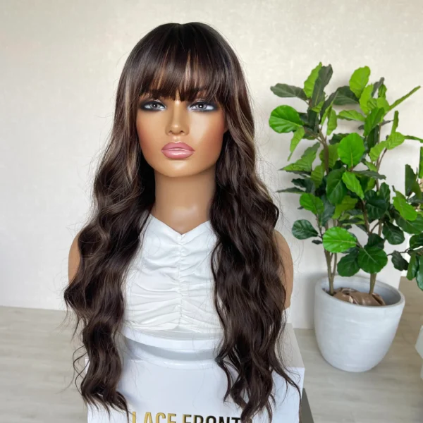 Wavy Dark Brunette with Highlights and fringe Luxe Synthetic - Celeste