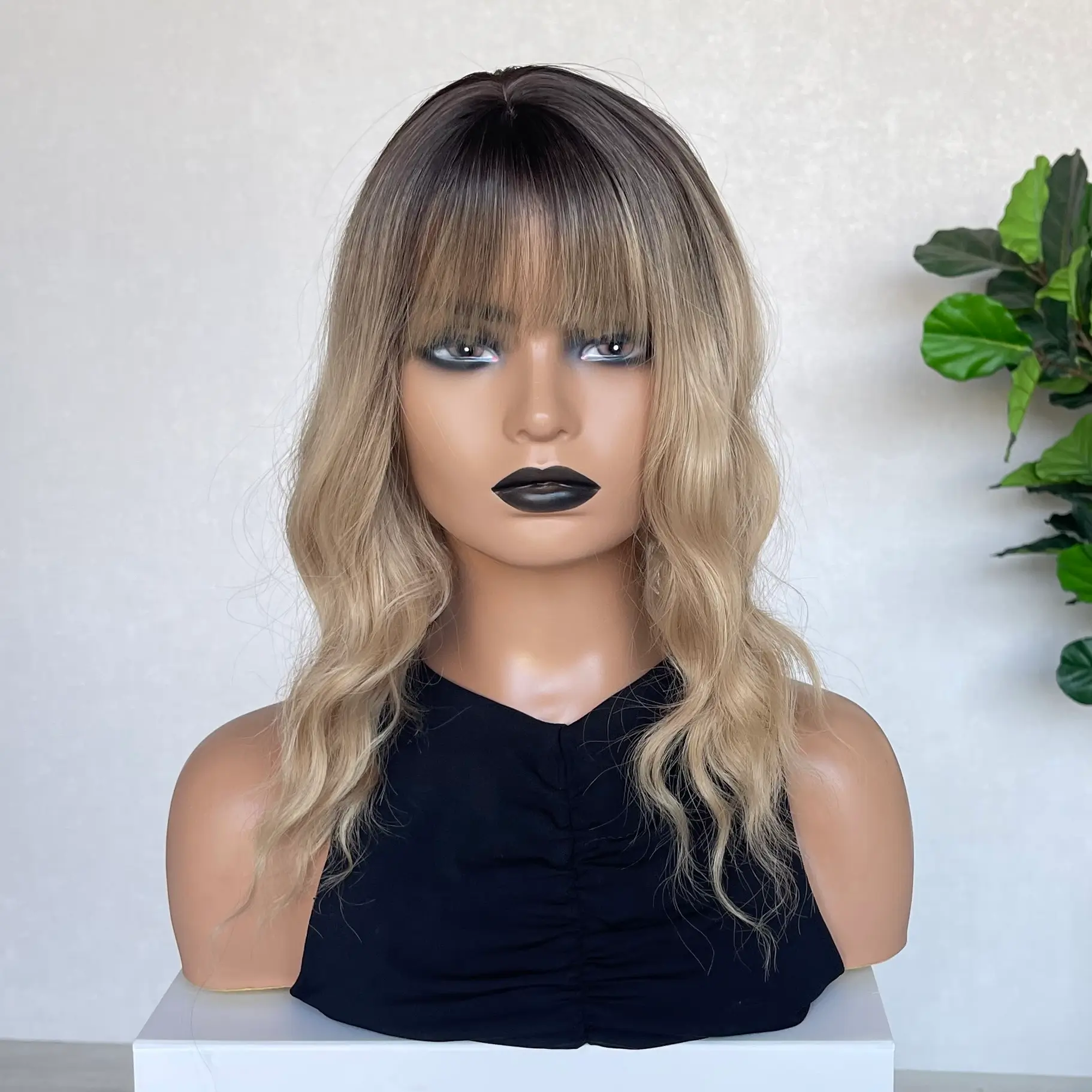 Soft warm blonde with root wavy fringe Synthetic wig - Taylor